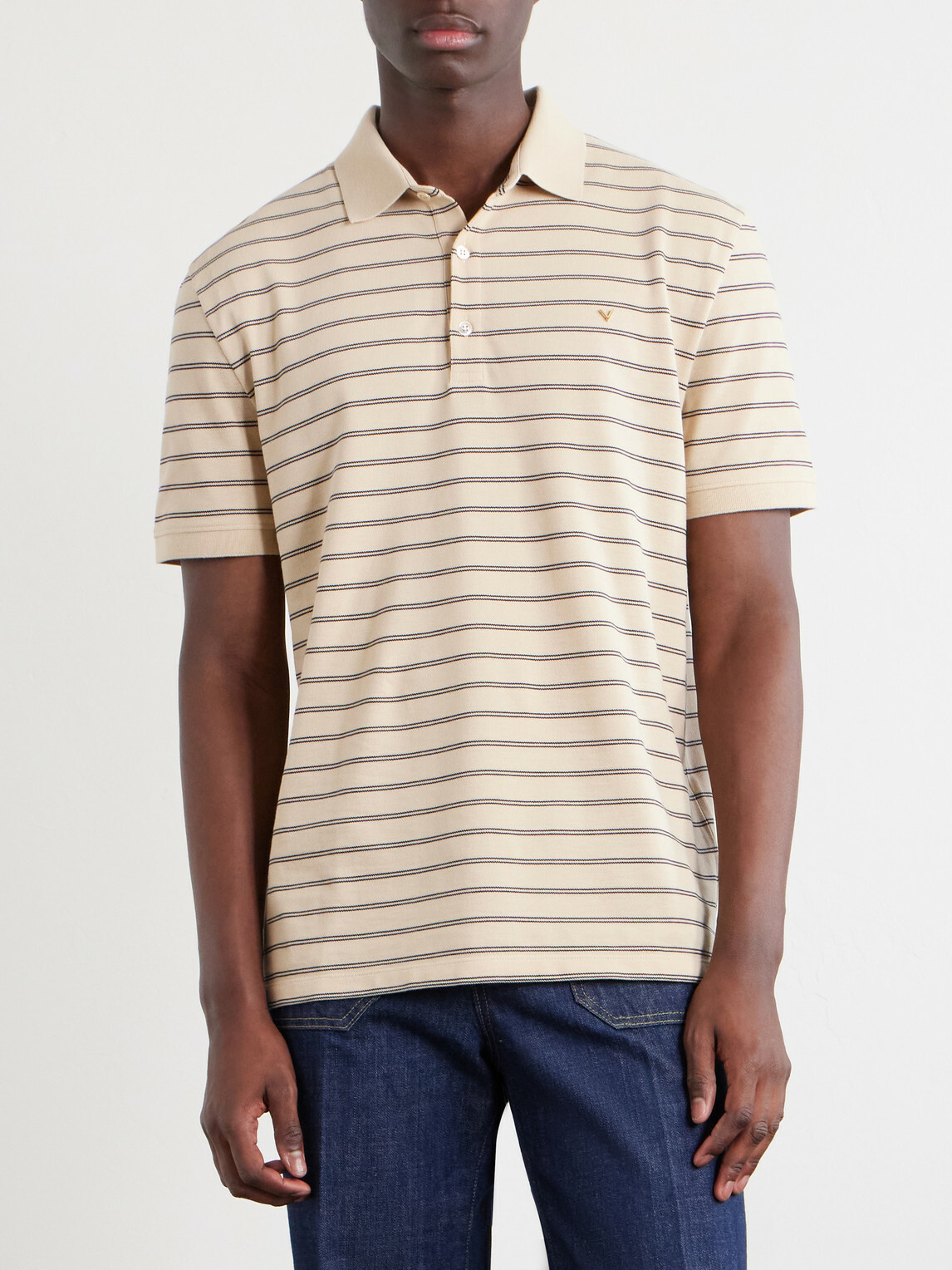 Valentino Garavani - VLogo Striped Cotton-Piqué Polo Shirt - Neutrals
