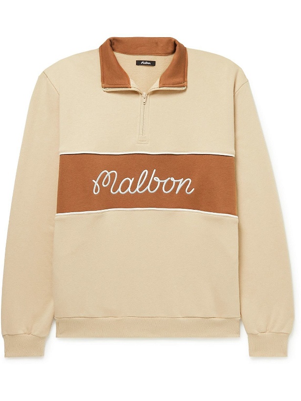 Photo: Malbon Golf - Logo-Embroidered Colour-Block Cotton-Blend Jersey Half-Zip Golf Sweatshirt - Neutrals