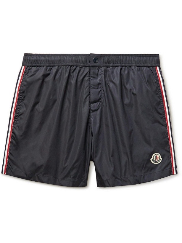 Photo: MONCLER - Short-Length Logo-Appliquéd Striped Swim Shorts - Blue