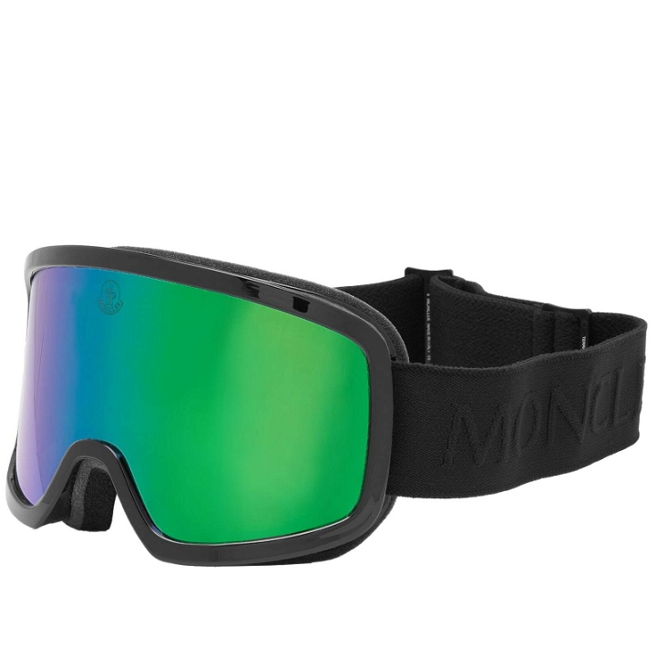 Photo: Moncler Eyewear Ski Goggles in Shiny Black/Blue Mirror