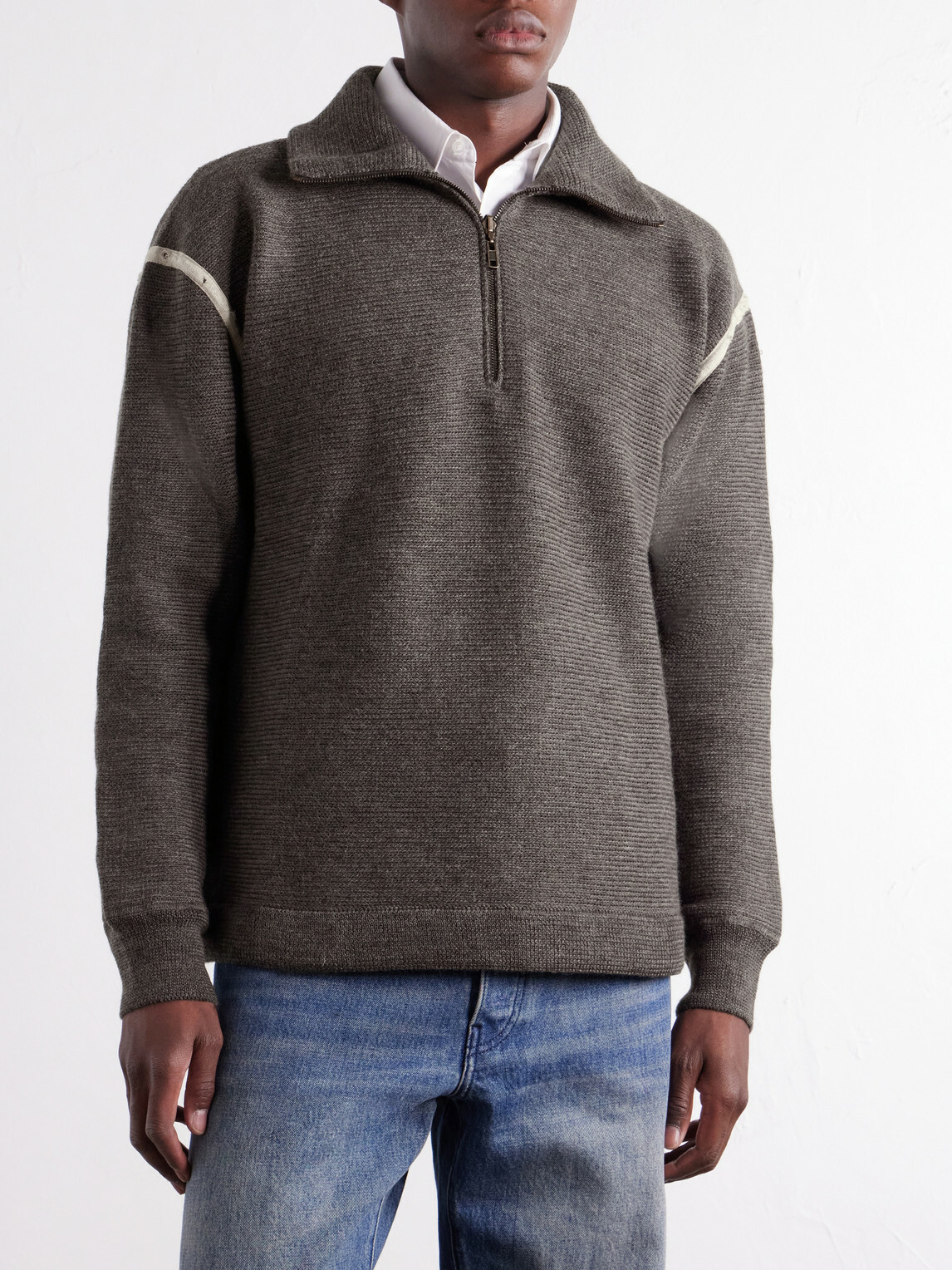 Maison Margiela - Distressed Denim-Trimmed Wool Half-Zip Sweater - Brown