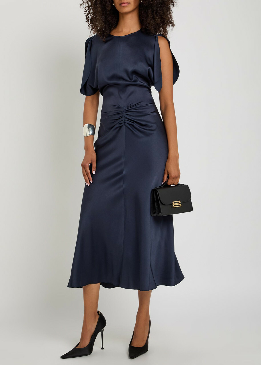 Victoria Beckham Bela Gathered Satin-crepe Midi Dress Navy