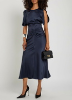 Victoria Beckham Bela Gathered Satin-crepe Midi Dress Navy