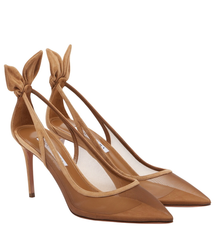 Photo: Aquazzura Bow Tie suede-trimmed mesh pumps