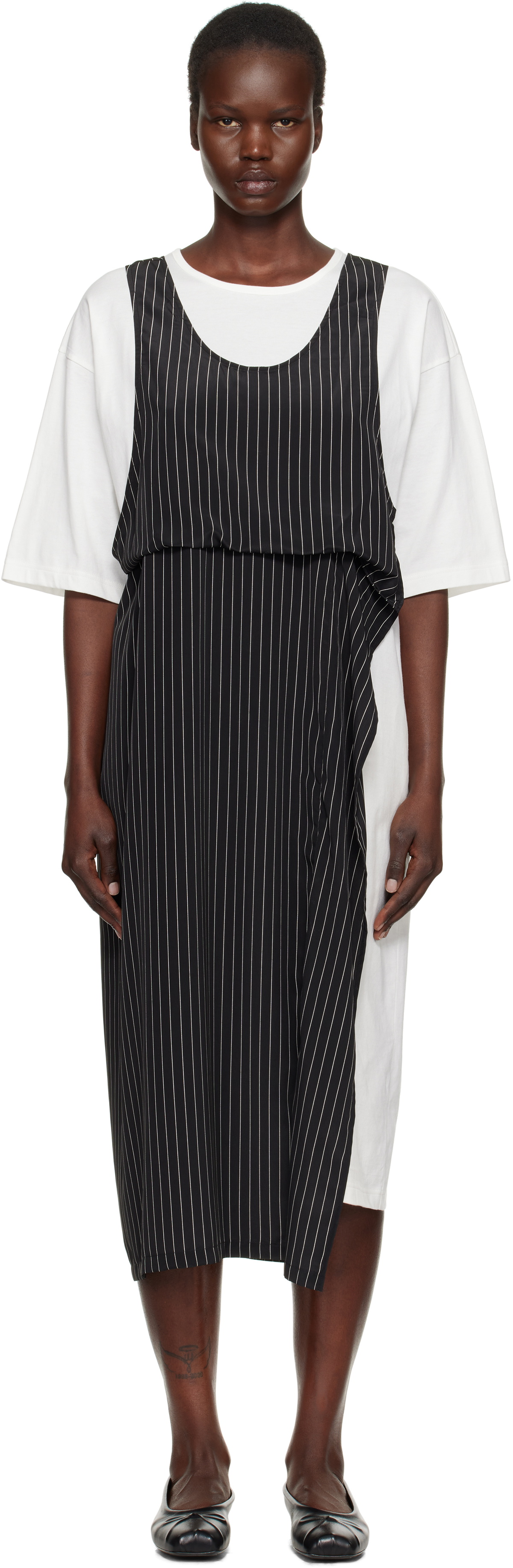 Y's Black & White N-Set In Half Sleeve Midi Dress
