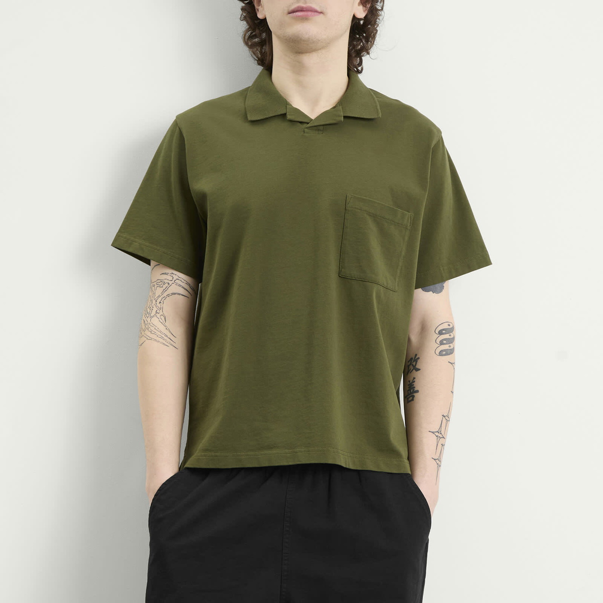 Universal Works Men's Rugby Jersey Oversized Vacation Polo in Olive