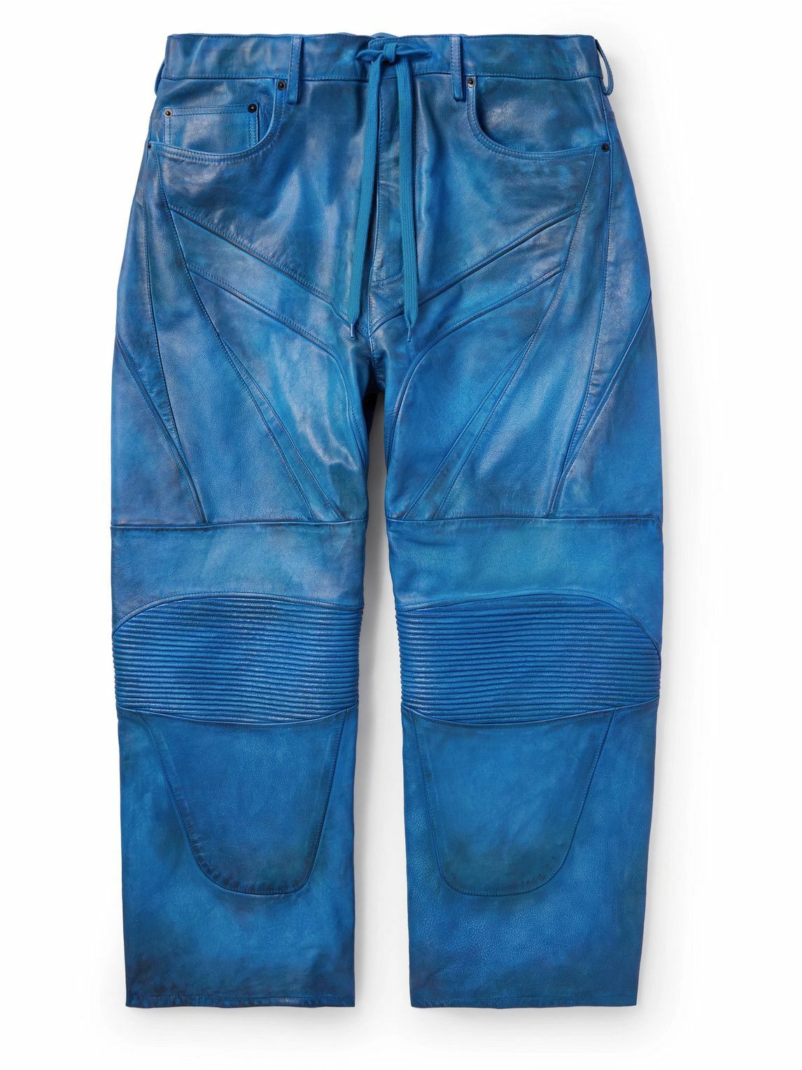 Balenciaga Biker Wide Leg Panelled Leather Drawstring Trousers Blue