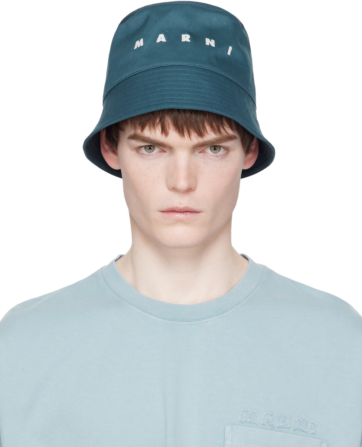 Marni Navy Embroidered Logo Water-Repellent Gabardine Bucket Hat