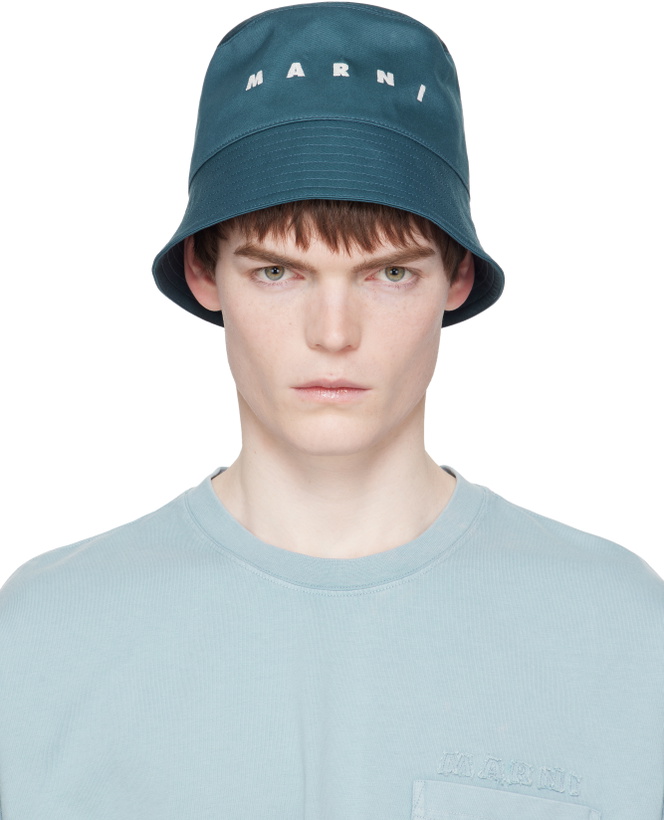 Photo: Marni Navy Embroidered Logo Water-Repellent Gabardine Bucket Hat