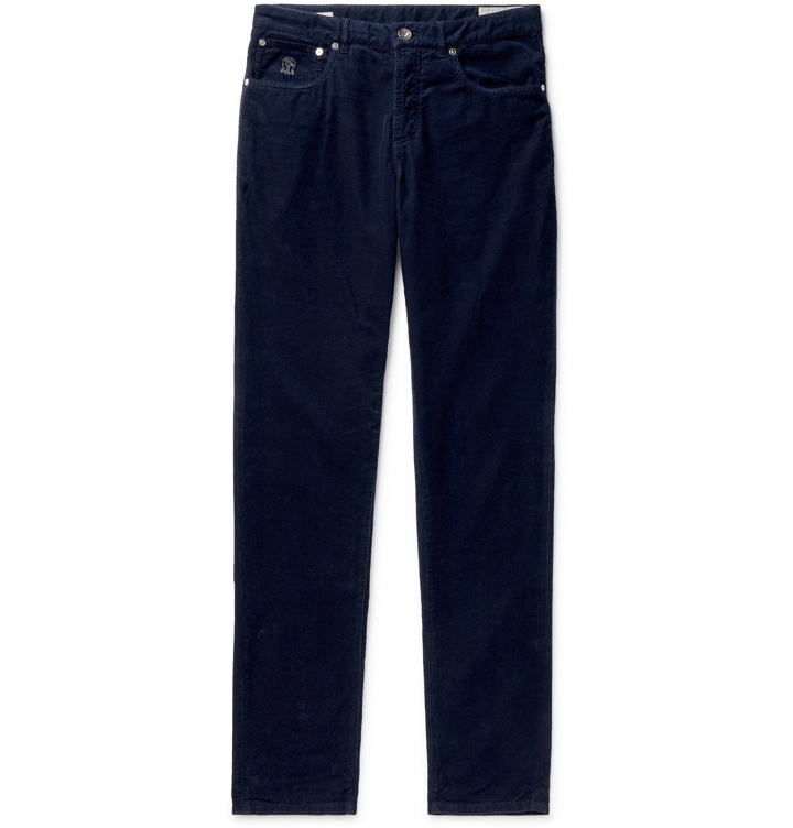 Photo: Brunello Cucinelli - Slim-Fit Tapered Cotton-Corduroy Trousers - Blue