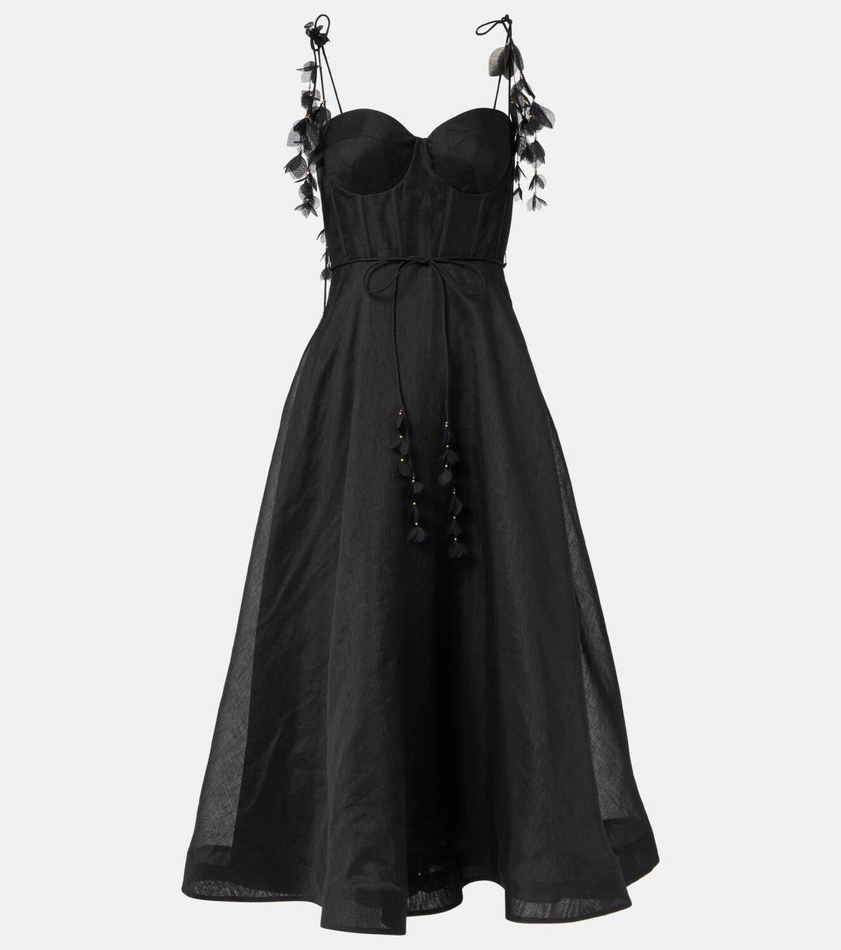 zimmermann natura linen and silk corset dress Experience the epitome of romance and femininity this season with Zimmerman  exquisite linen-silk blend midi dress. From its structured corset bodice to  the delicate floral garland adorning its straps, every detail exudes