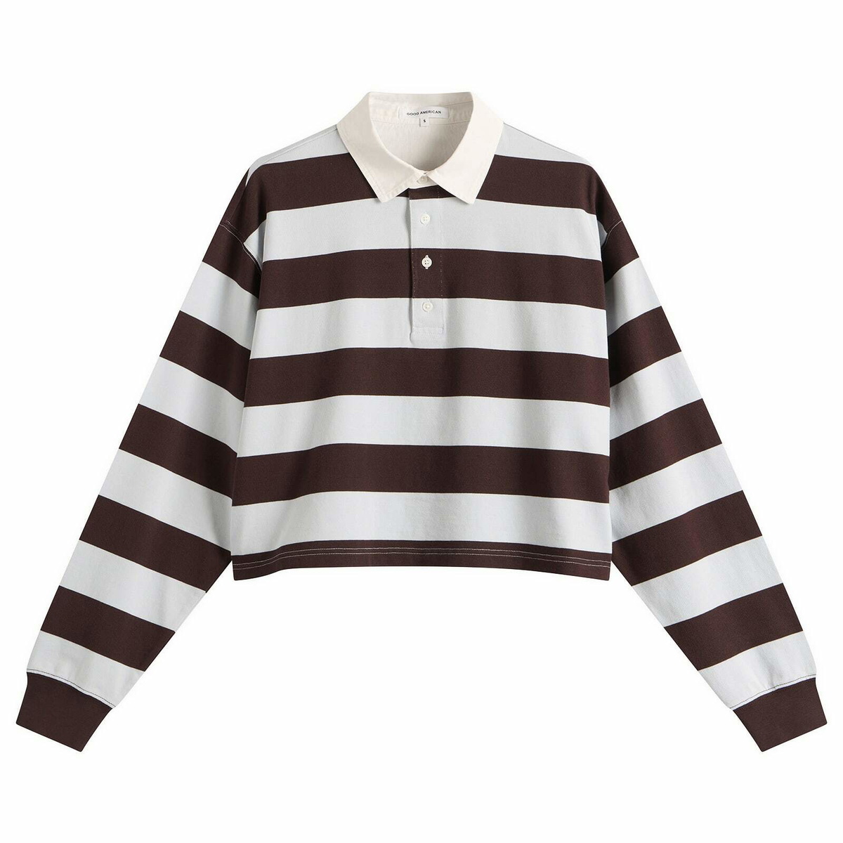 Good American Women's Cropped Rugby Polo Top in Espresso Sky Block Stripe