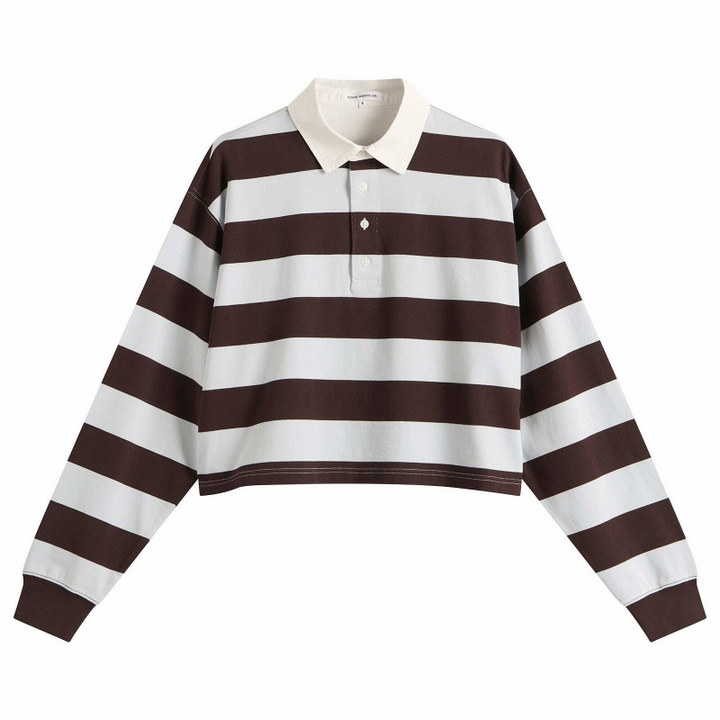 Photo: Good American Women's Cropped Rugby Polo Top in Espresso Sky Block Stripe