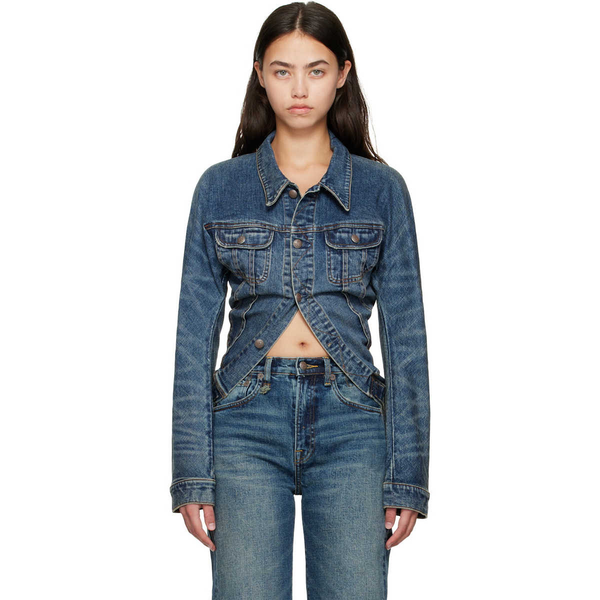 R13 Blue Skinny Wrap Around Denim Trucker Jacket