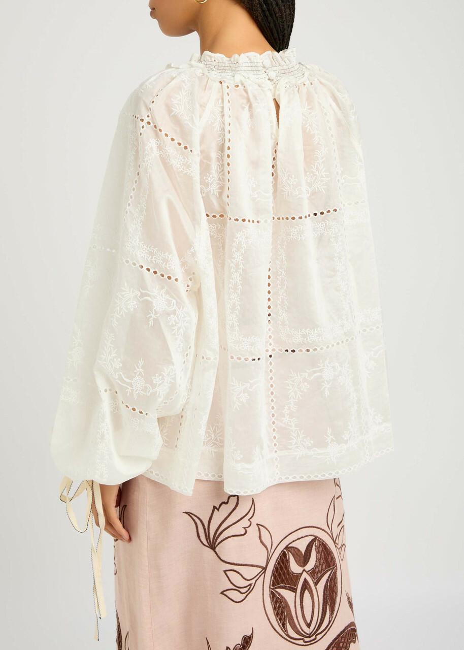 Lug Von Siga Mini Embroidered Semi-sheer Satin Blouse Off White