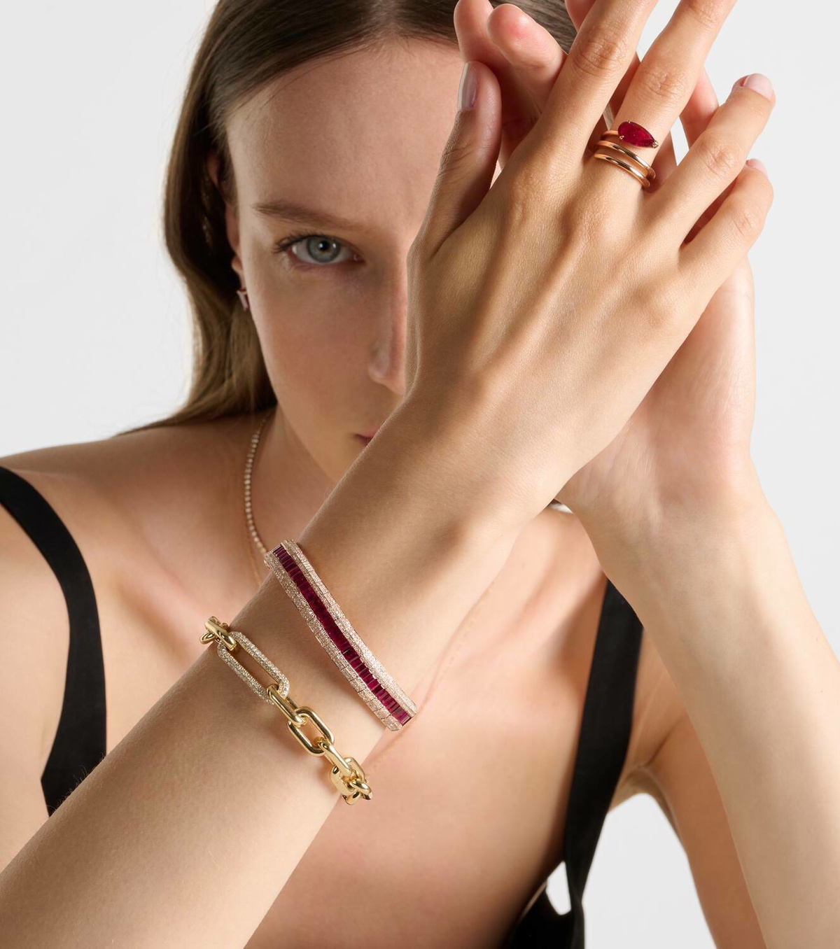 Shay Jewelry Diamond Pave Scales Stretch 18kt rose gold bracelet with ruby and diamond