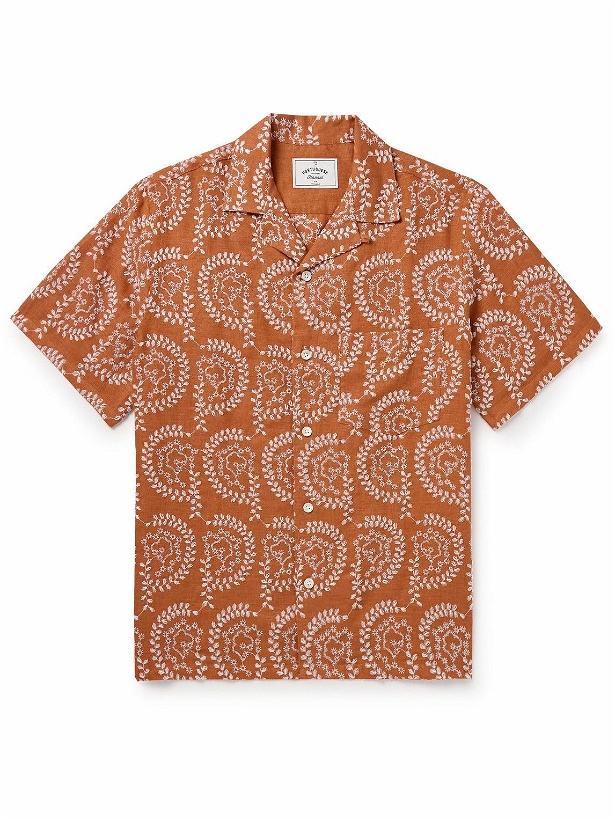 Photo: Portuguese Flannel - Nature Convertible-Collar Embroidered Linen Shirt - Orange