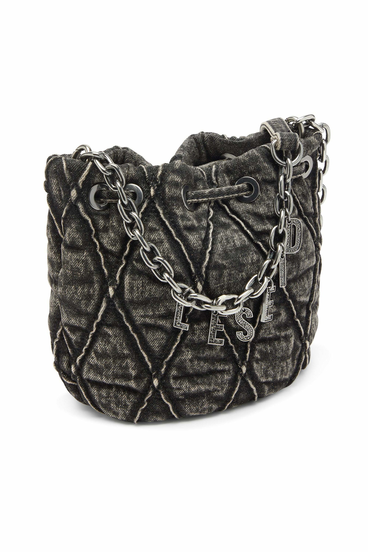 Diesel Charm-D - Bucket bag in acid-wash quilted denim - Shoulder Bags Womens in Grey