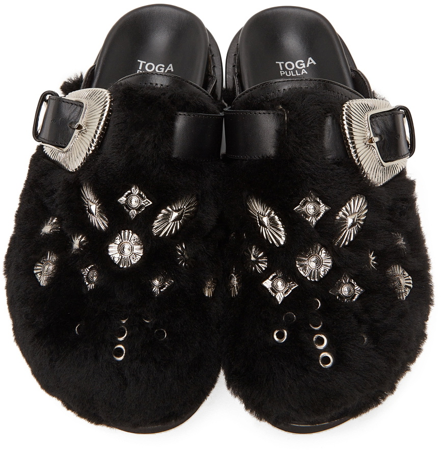 Toga Pulla Black Fur Eyelet Sabot Slippers Toga Pulla