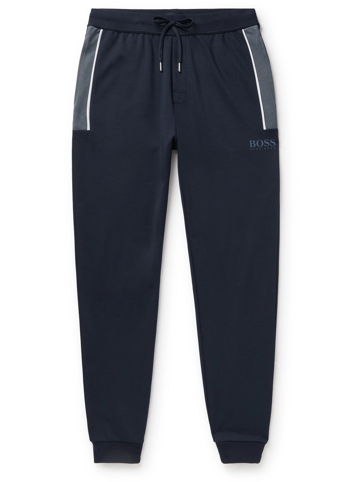 HUGO BOSS - Tapered Piped Logo-Print Cotton-Blend Jersey Track Pants ...