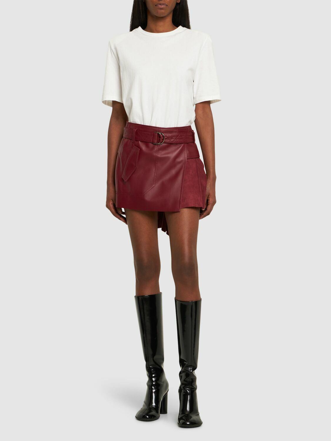FERRARI - Leather & Suede Pleated Mini Skirt