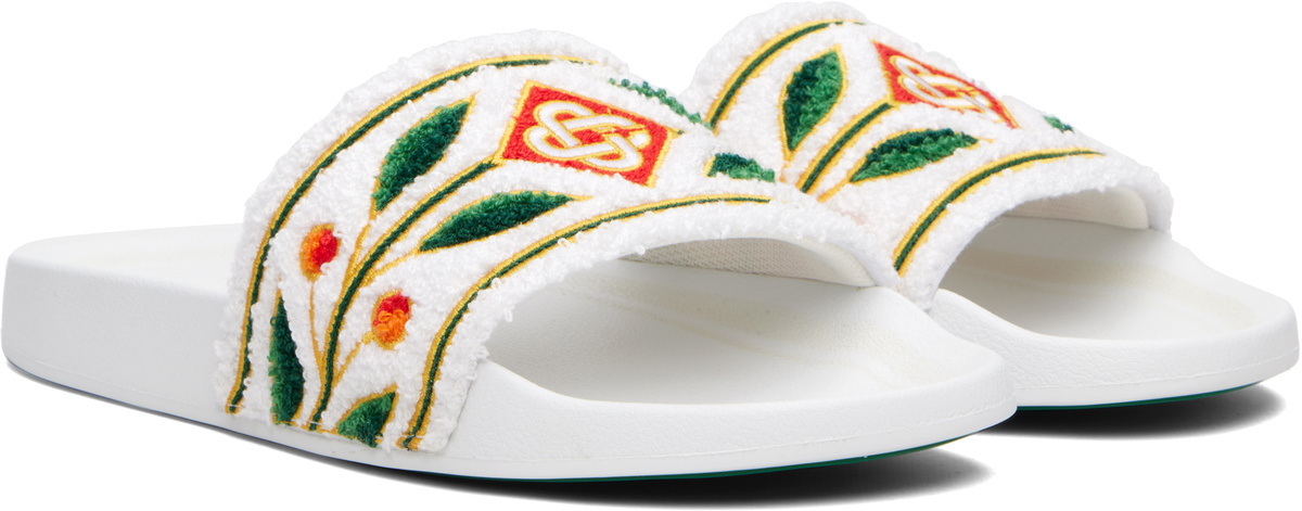Casablanca White Embroidered Terry Slides