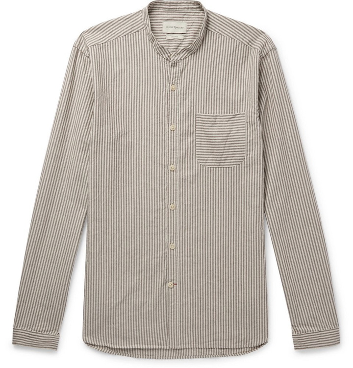 Photo: Oliver Spencer - Grandad-Collar Striped Cotton Shirt - Off-white