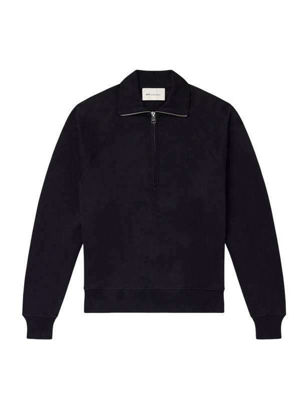 Photo: AMI PARIS - Logo-Embroidered Cotton-Jersey Half-Zip Sweatshirt - Black