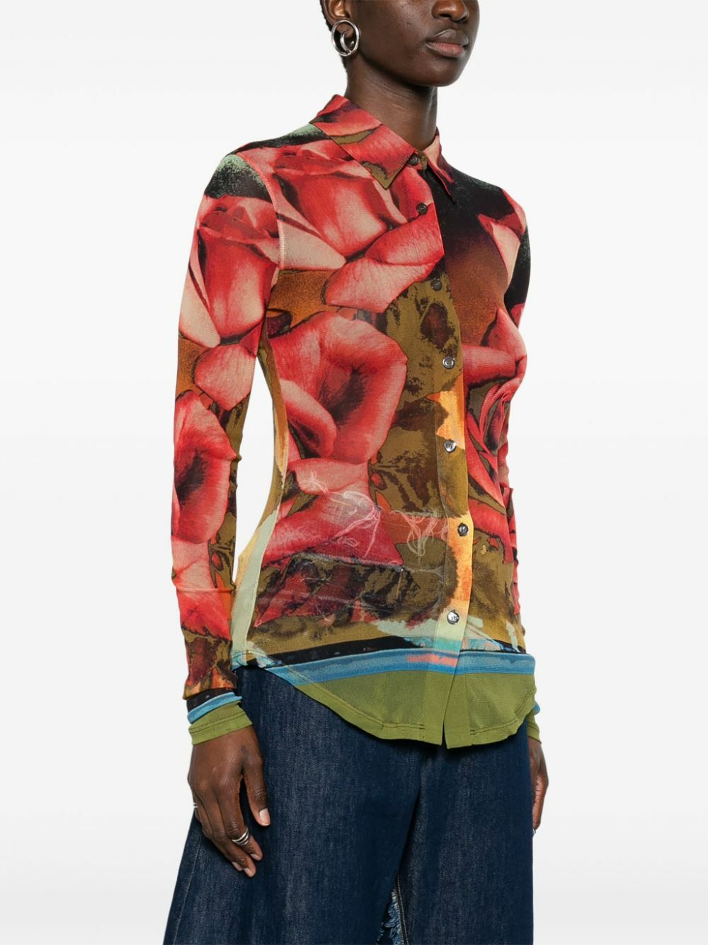 Jean Paul Gaultier Red Rose-Print Mesh Shirt Jean Paul Gaultier