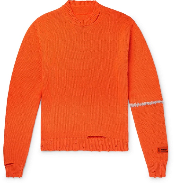 Photo: Heron Preston - Slim-Fit Logo-Appliquéd Embroidered Distressed Cotton Sweater - Orange