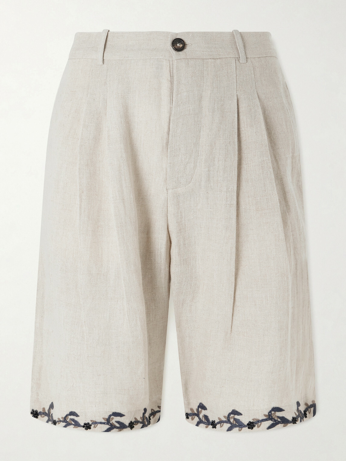 Kartik Research - Straight-Leg Pleated Embroidered Linen Shorts - Neutrals