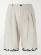 Kartik Research - Straight-Leg Pleated Embroidered Linen Shorts - Neutrals