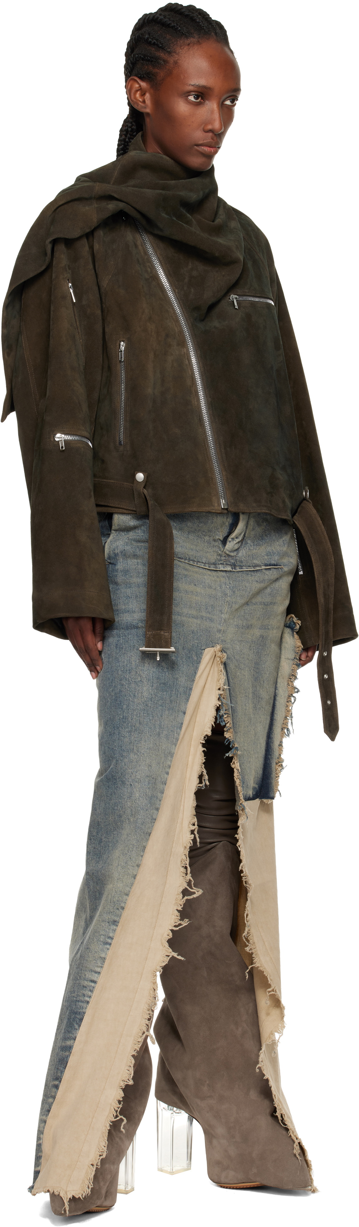 Rick Owens Gray Concordians Cropped Scarf Flight Suede Jacket