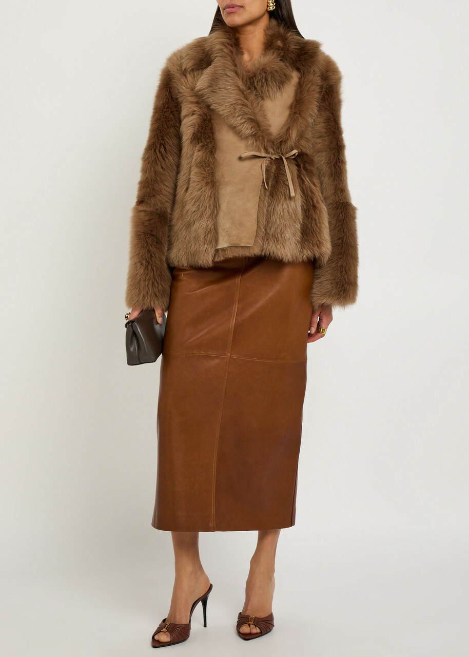 Nour Hammour Ghalia Panelled Leather Midi Skirt Brown