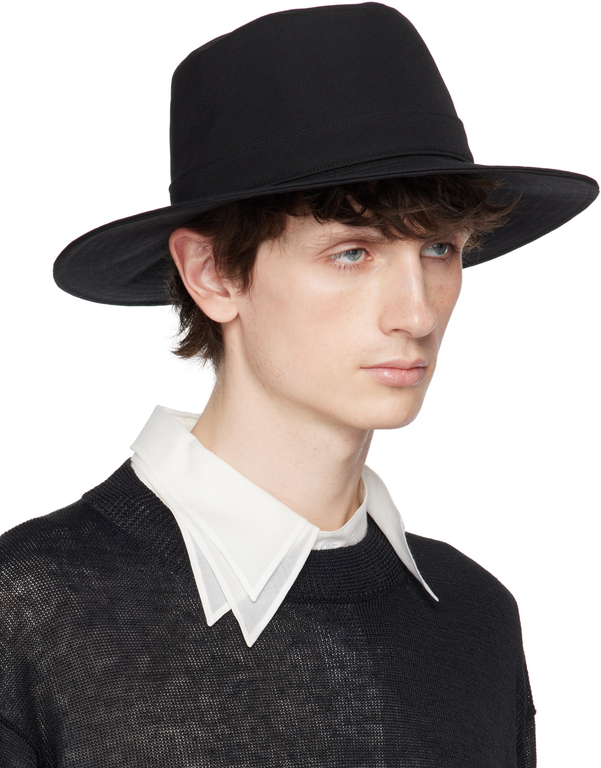 YOHJI YAMAMOTO Black Wool Gabardine Wide Middle Brim Hat
