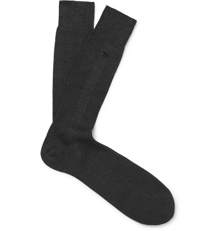 Photo: TOM FORD - Logo-Embroidered Ribbed Cotton Socks - Men - Charcoal