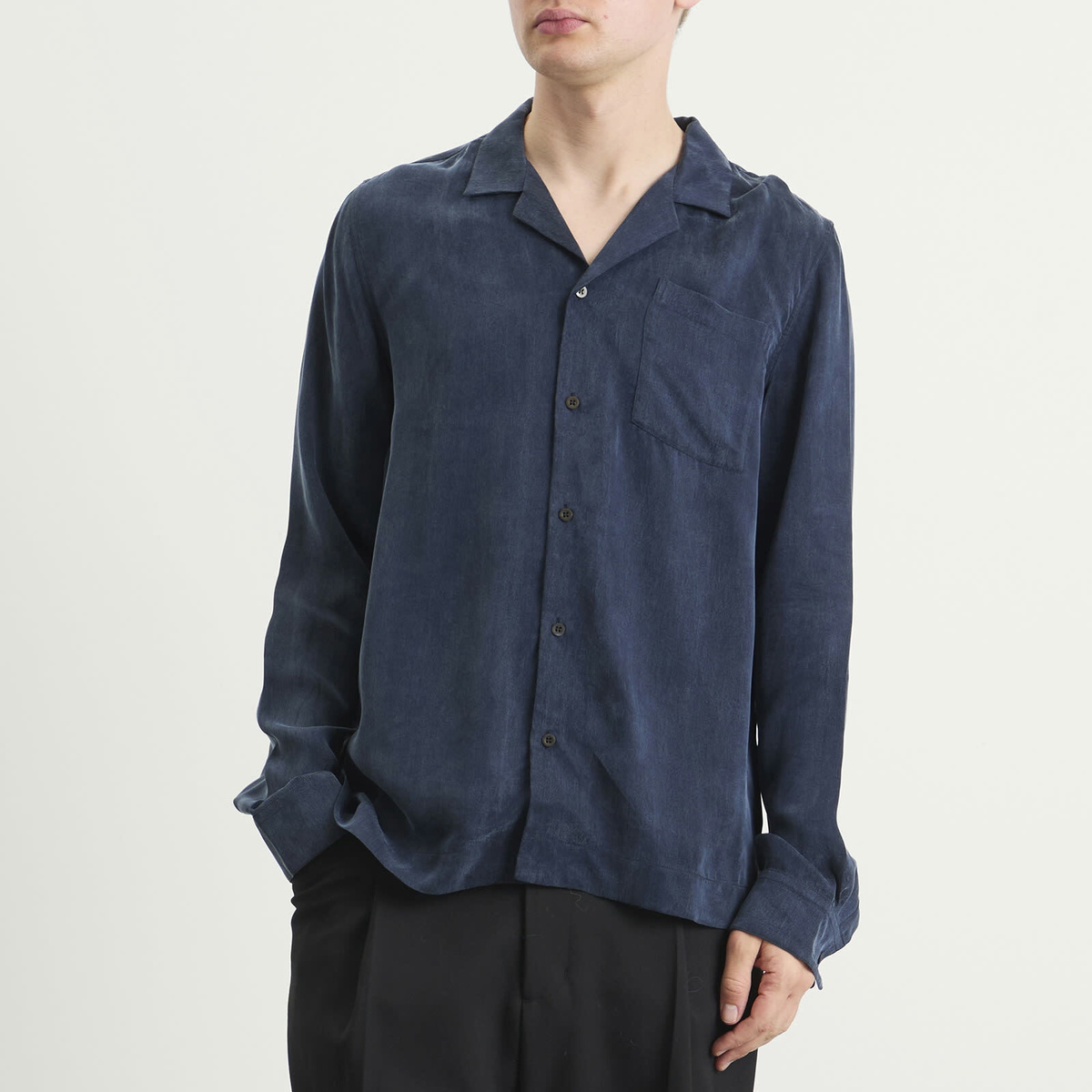 Dries Van Noten Men's Cupro Washed Long Sleeve Shirt in Navy Dries
