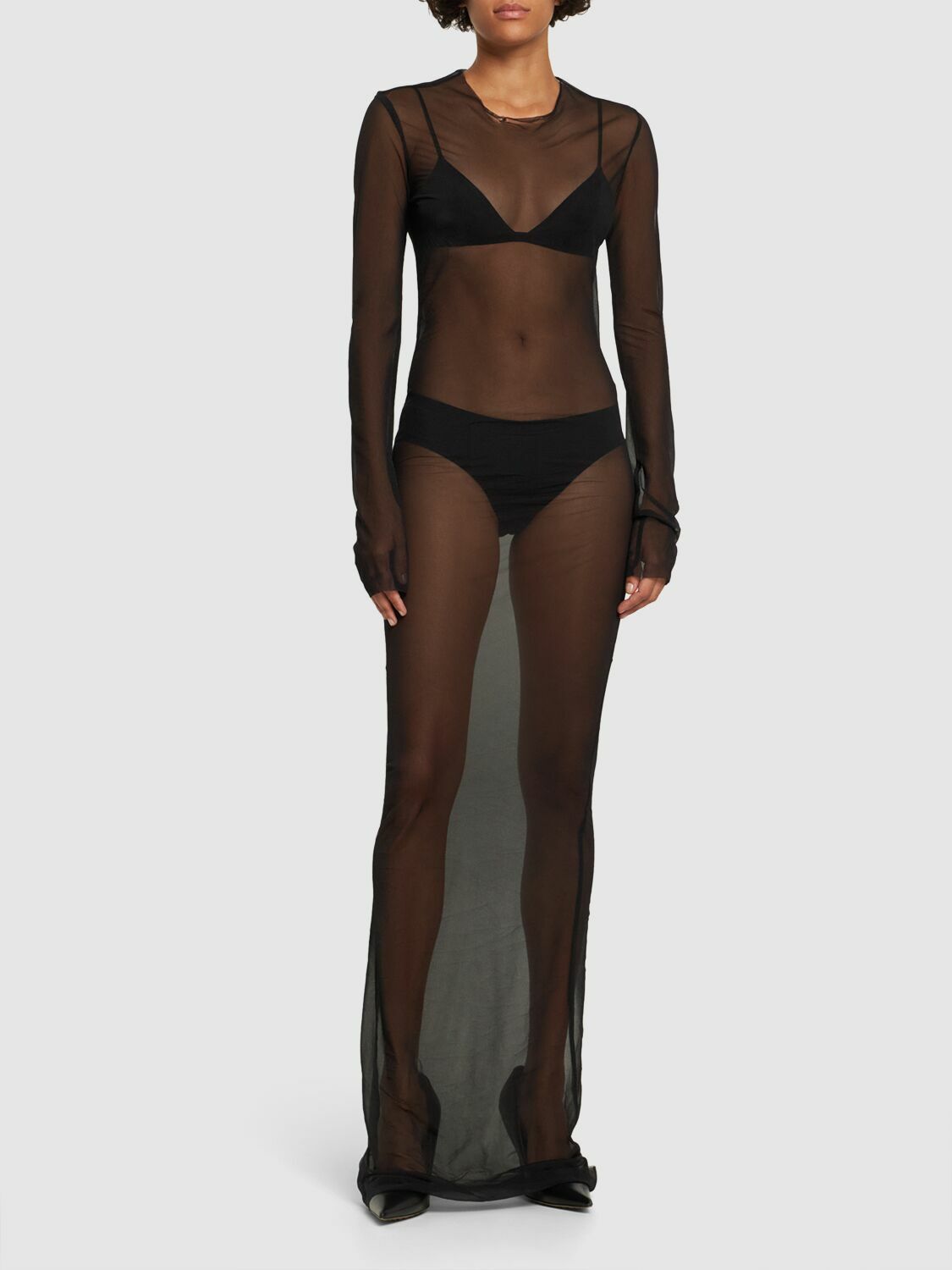 LUDOVIC DE SAINT SERNIN Long Sleeved Sheer Mesh Long Dress