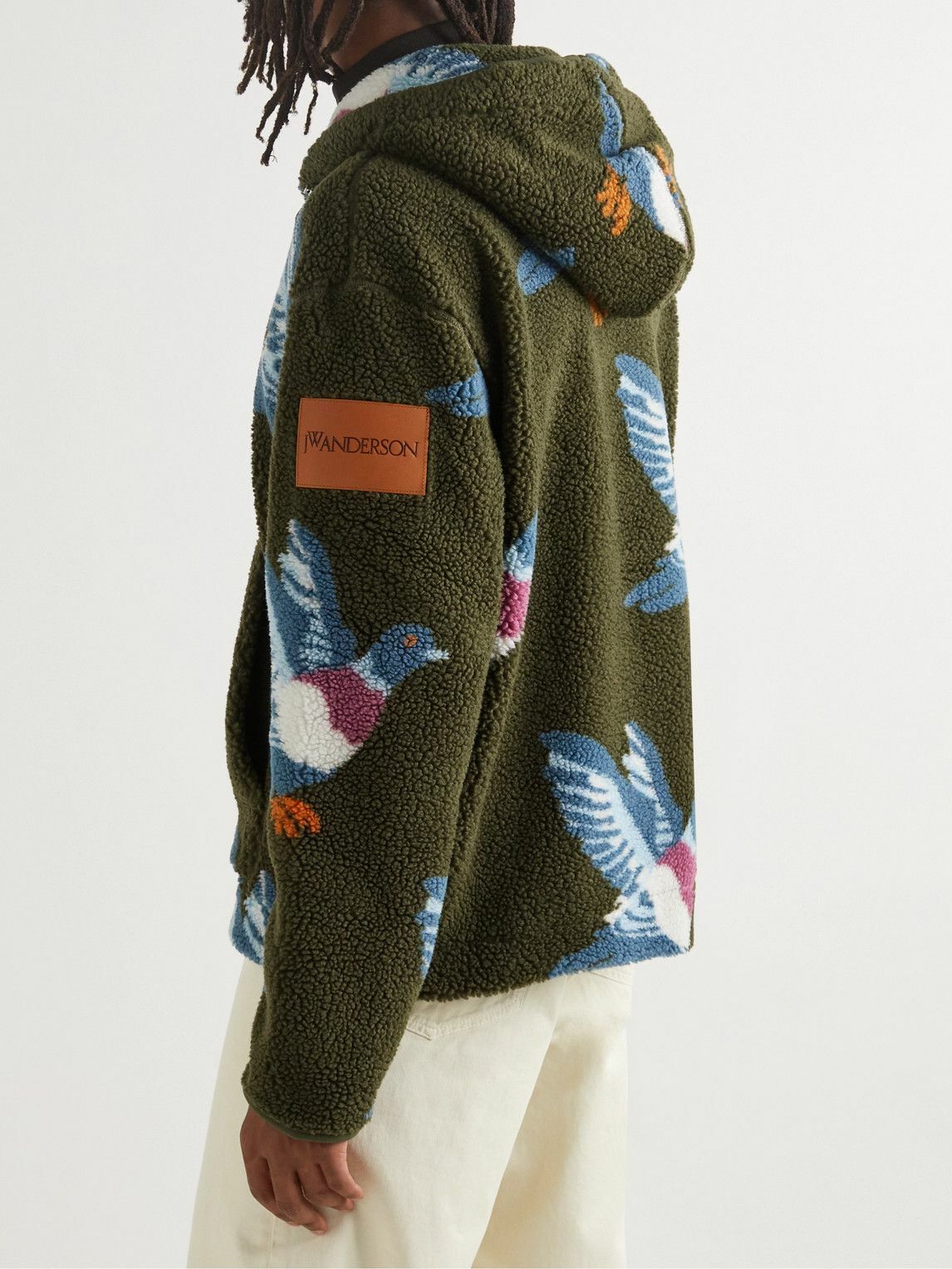 JW Anderson - Leather-Trimmed Jacquard-Knit Fleece Zip-Up