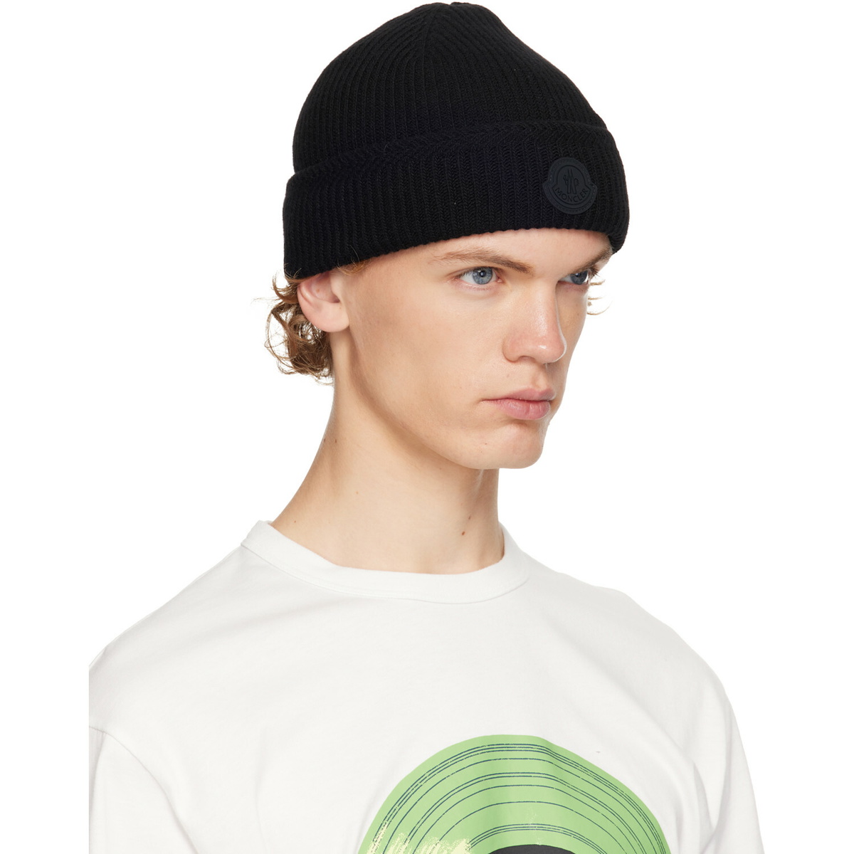 Moncler Black Cashmere Blend Logo Beanie