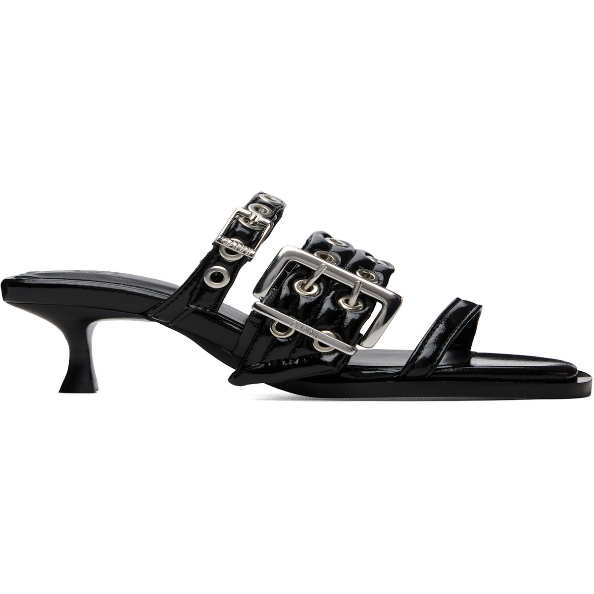 GANNI Black Buckle Strap Mule Heeled Sandals
