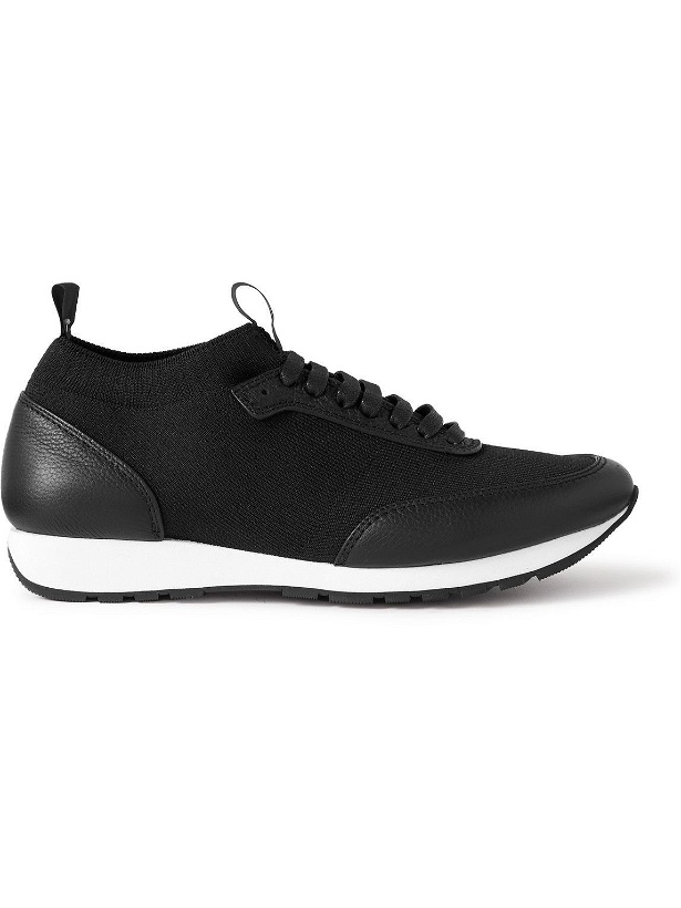 Photo: Brioni - Leather-Trimmed Stretch-Knit Sneakers - Black