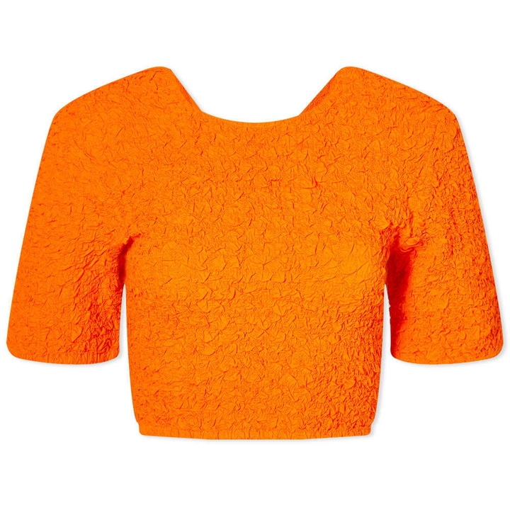 Photo: GANNI Women's Cotton Poplin O-Neck Crop Smock Top in Vibrant Orange