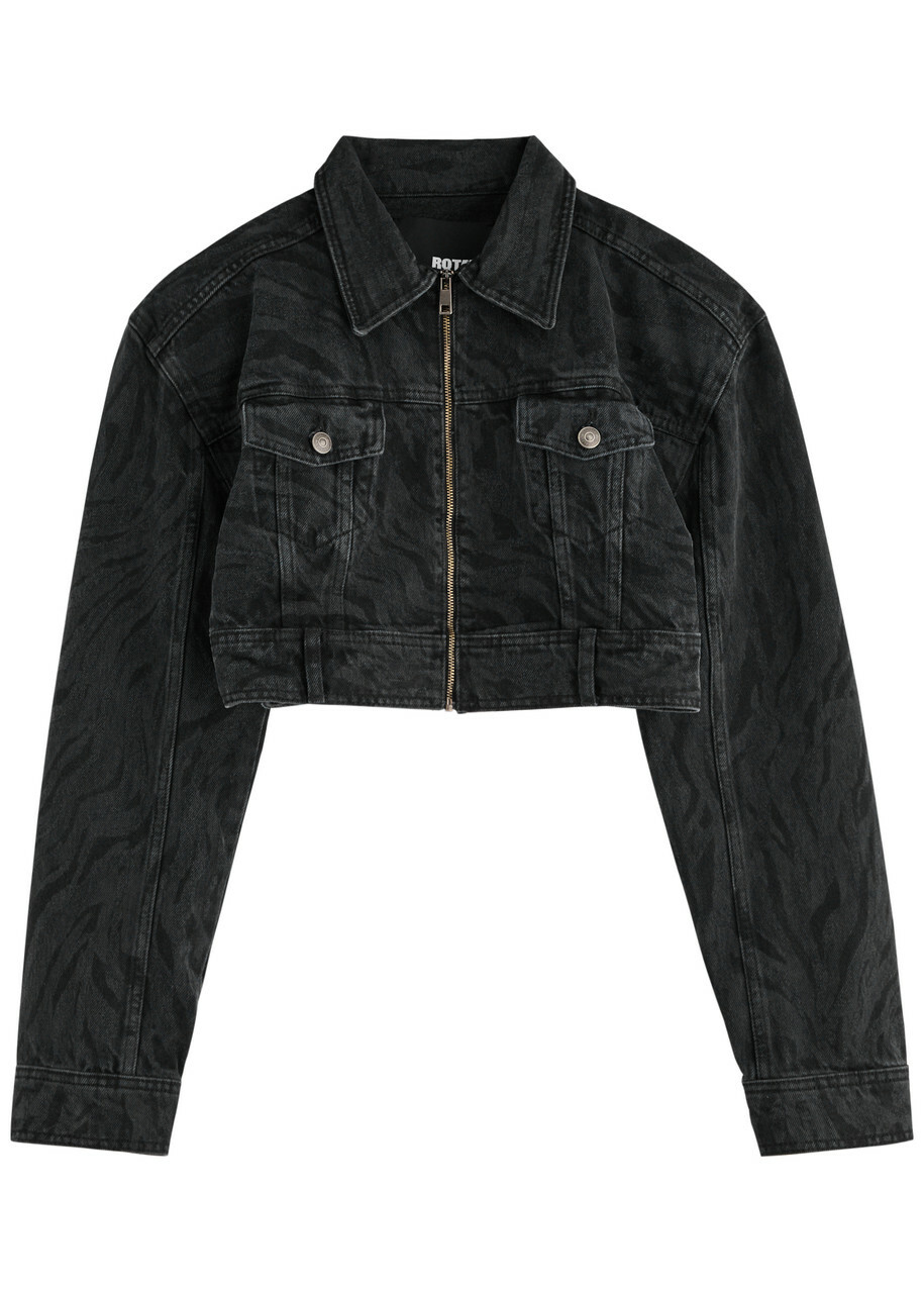 Rotate Sunday Zebra-print Cropped Denim Jacket Black