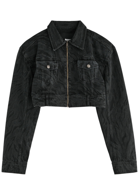 Photo: Rotate Sunday Zebra-print Cropped Denim Jacket Black