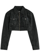 Rotate Sunday Zebra-print Cropped Denim Jacket Black