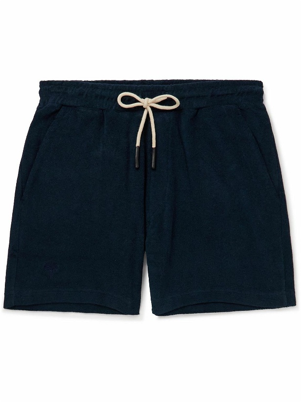 Photo: OAS - Straight-Leg Logo-Embroidered Cotton-Terry Drawstring Shorts - Blue