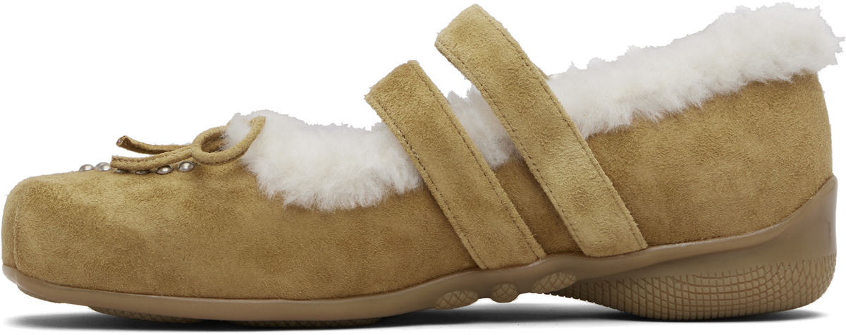 OPEN YY Tan Shearling Heart Stud Ballet Flats