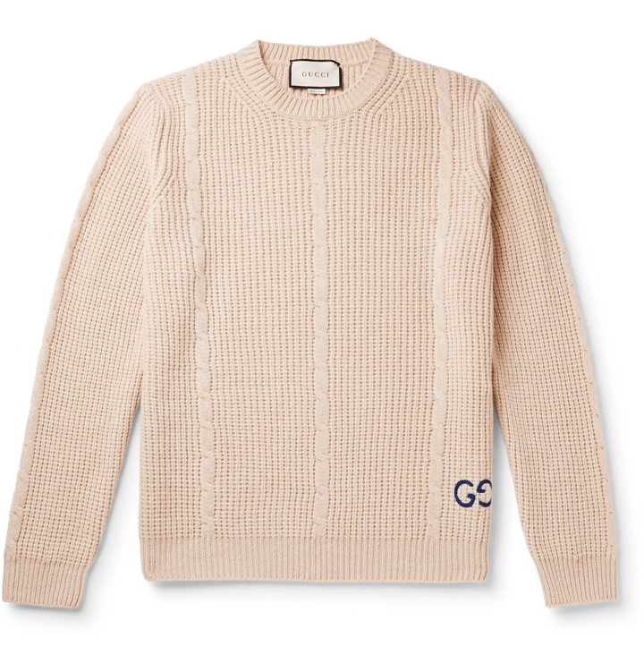 Photo: Gucci - Logo-Embroidered Cable-Knit Wool-Blend Sweater - Neutrals