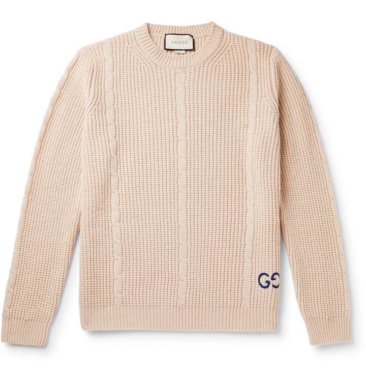 Photo: Gucci - Logo-Embroidered Cable-Knit Wool-Blend Sweater - Neutrals